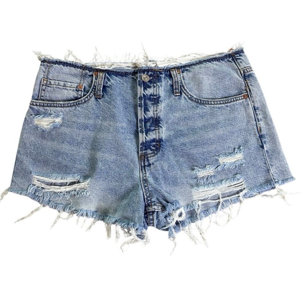 Free People Distressed Cutoff Denim Shorts Raw Frayed Waist Size 32 Button Fly